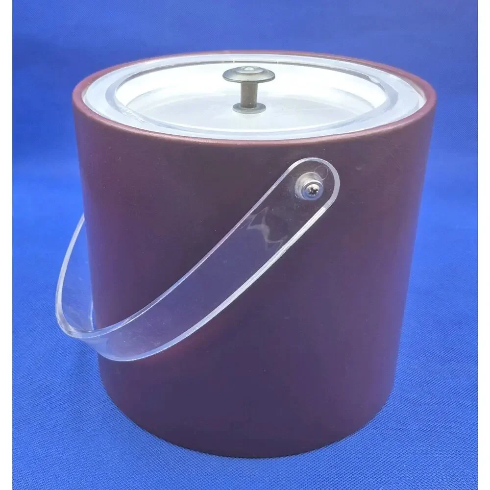 Vintage Georges Briard Brown Leatherette Ice Bucket Lucite Handle & Lid 7x8